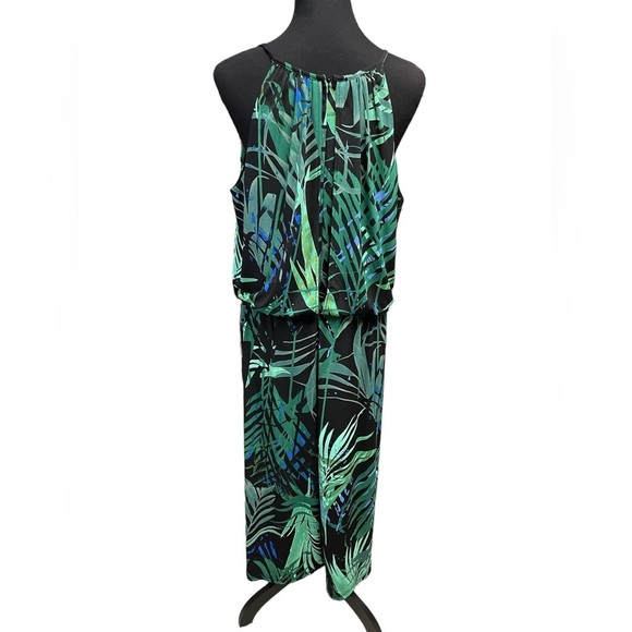 London Times Cropped Green Palm Tropical Halter Wide Leg Jumpsuit, Size 14 - Picture 7 of 9